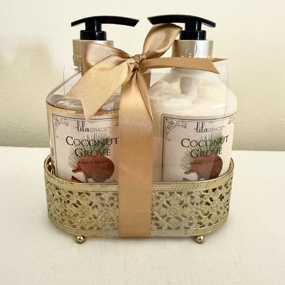 Lila Grace Coconut Grove Hand Soap and Lotion Gift Set With Metal Holder